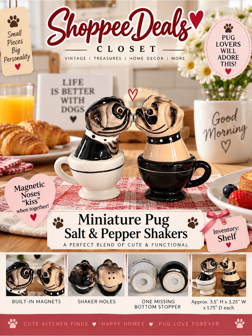 Black & Fawn Pug Teacup Magnetic “Kissing” Salt & Pepper Shakers Set